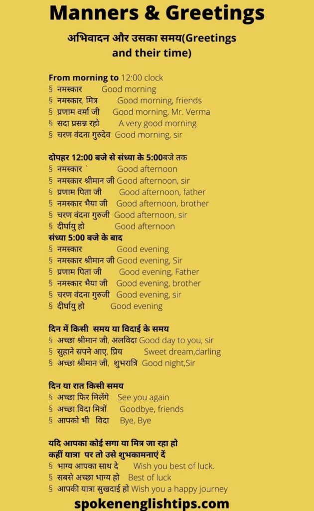 Manners & Greetings in Hindi and English