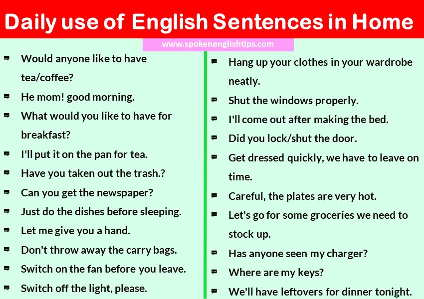 Daily use of English Sentences in Home