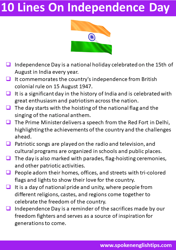 10 Lines On Independence Day For Class 3