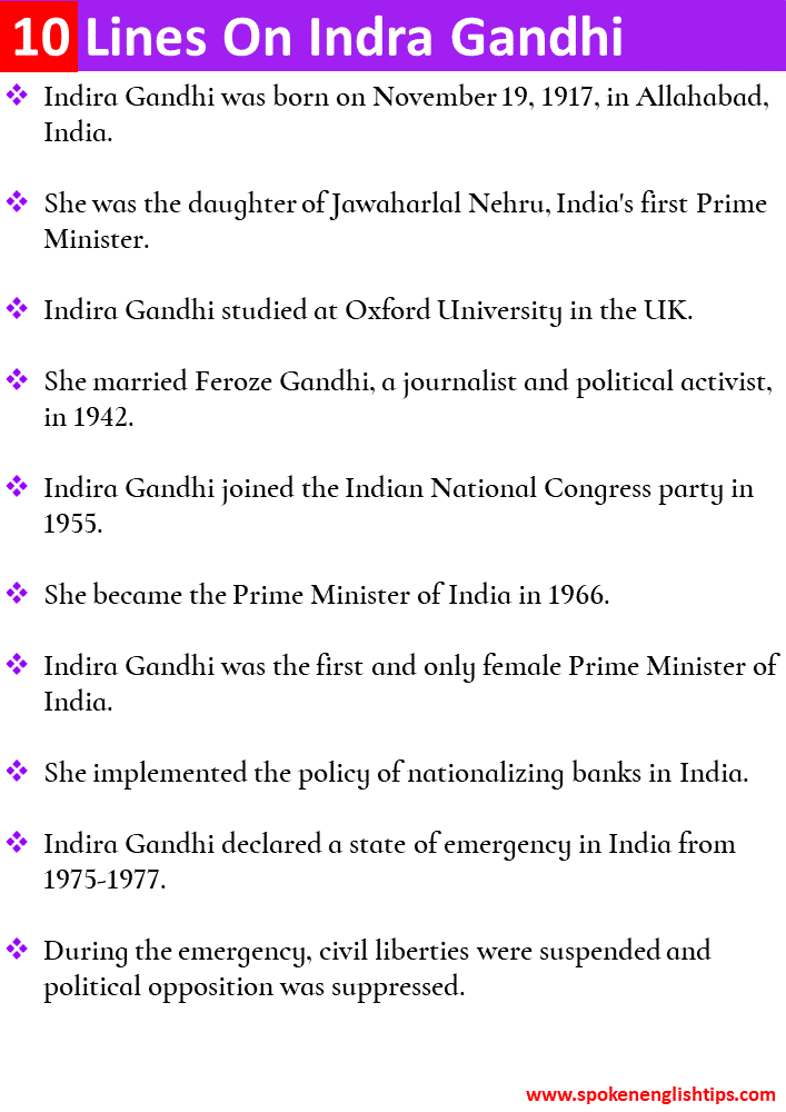 10 Lines On Indra Gandhi
