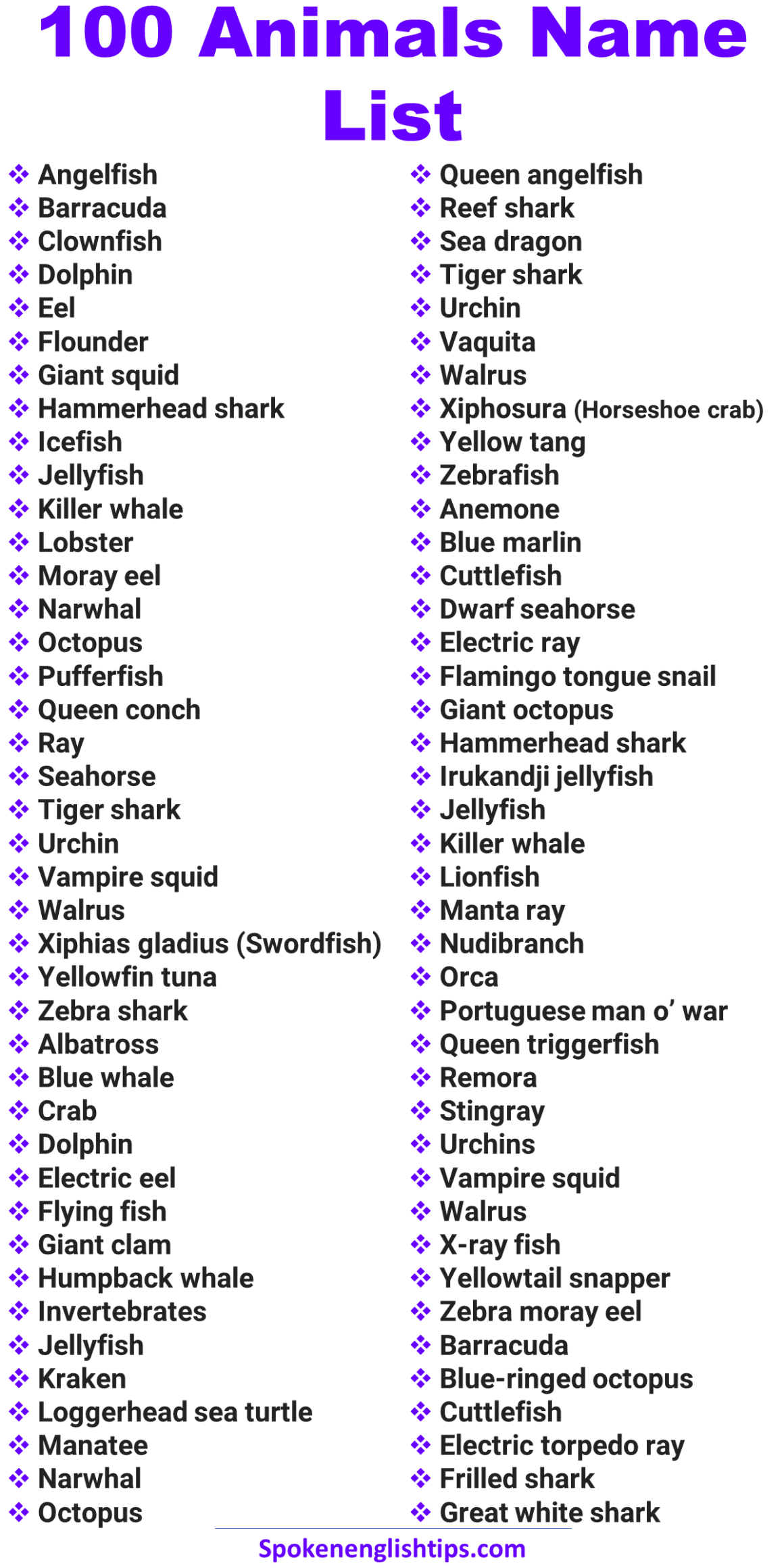 100 Sea Animals list