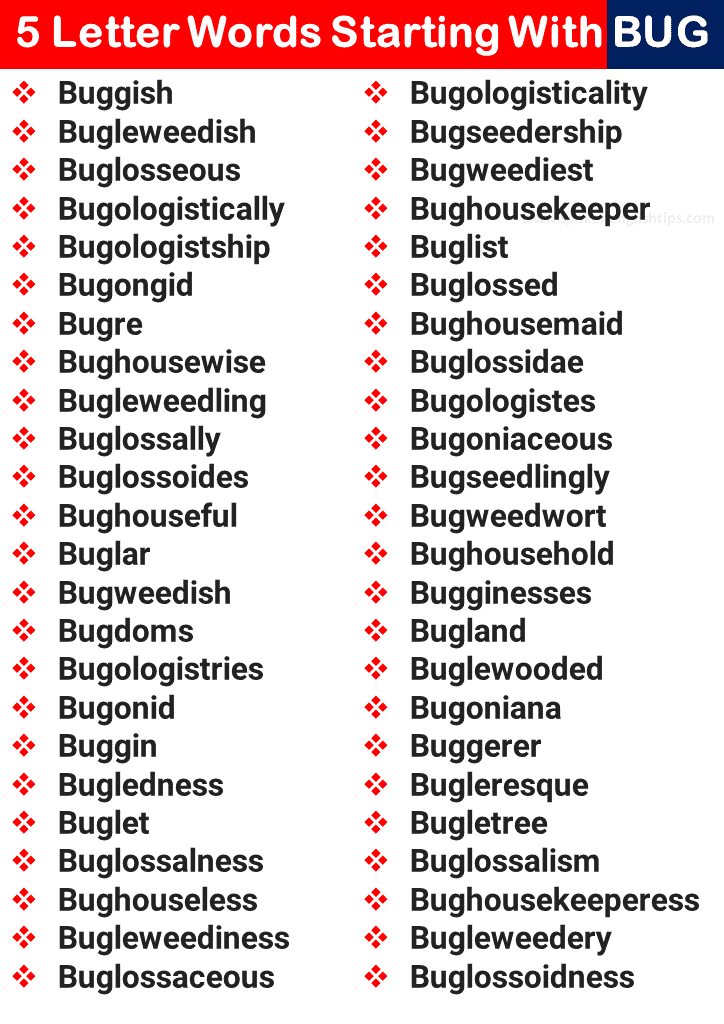 5 Letter Words Starting With BUG

