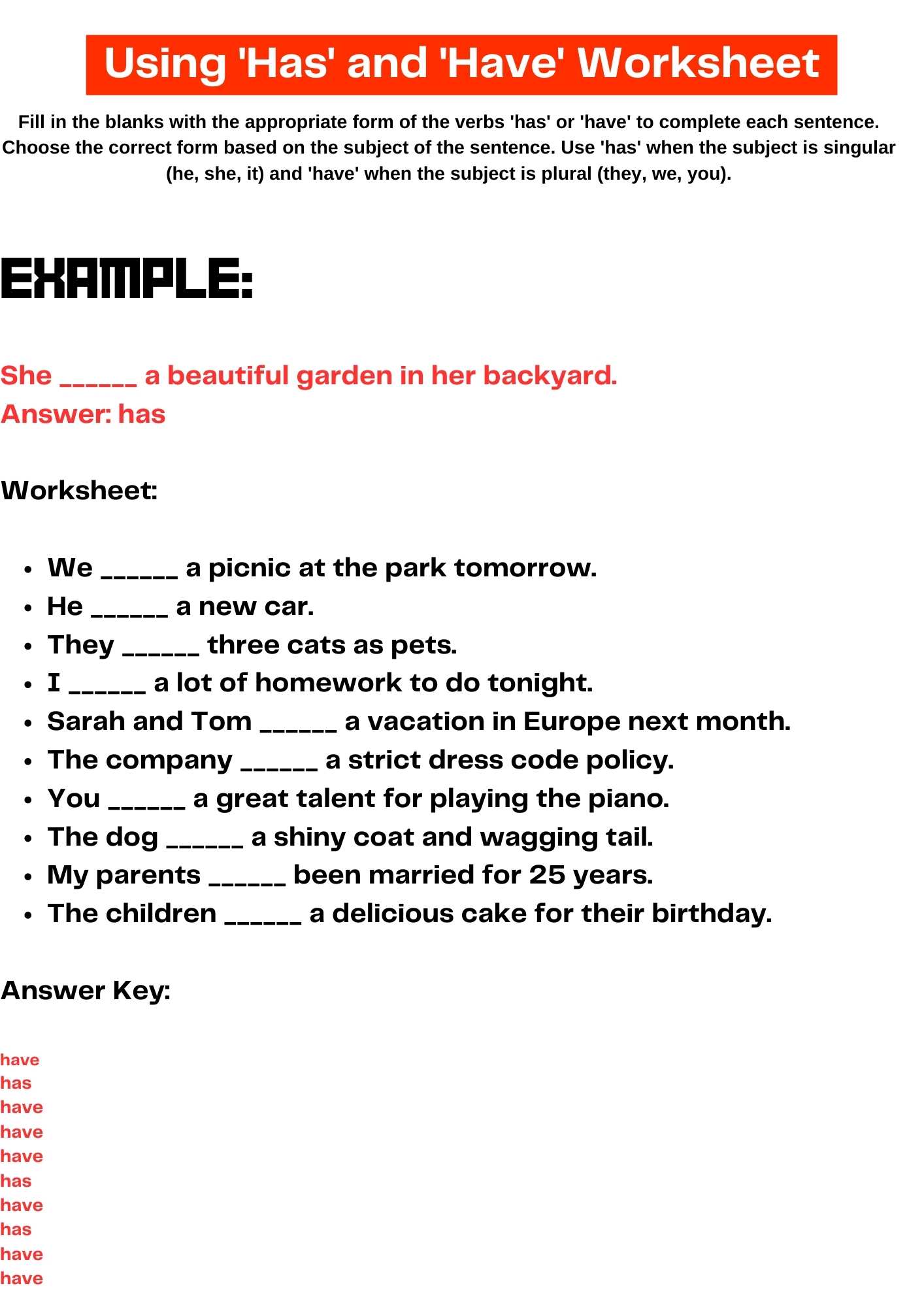 use of has and have worksheet