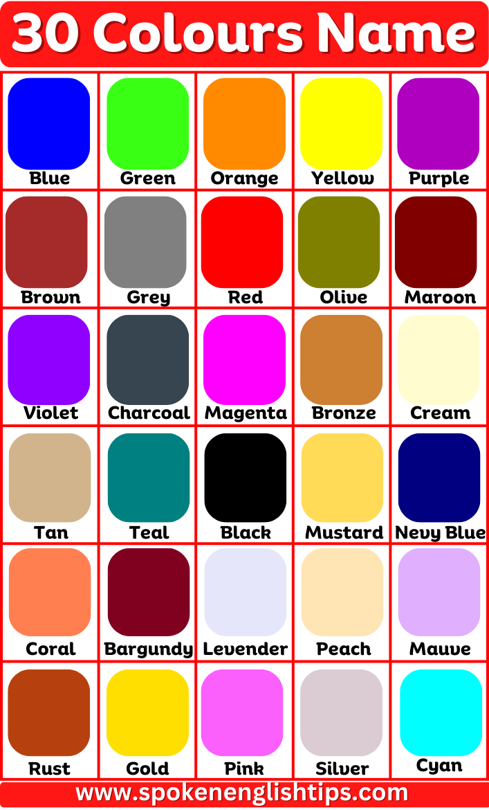 30 Colours Name List/ Colors With Names In English