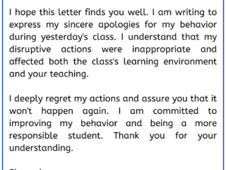 Apology Letter for Bad behavior in class