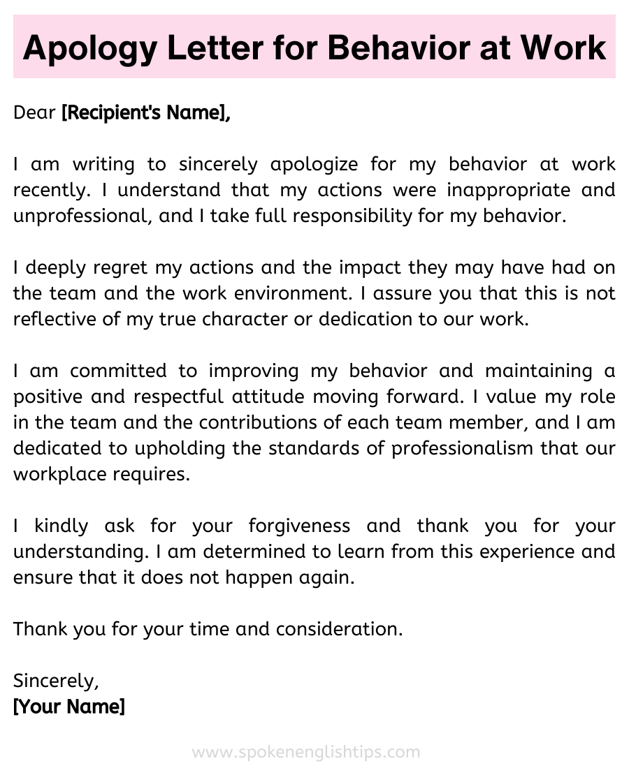 Apology Letter for Behavior at Work