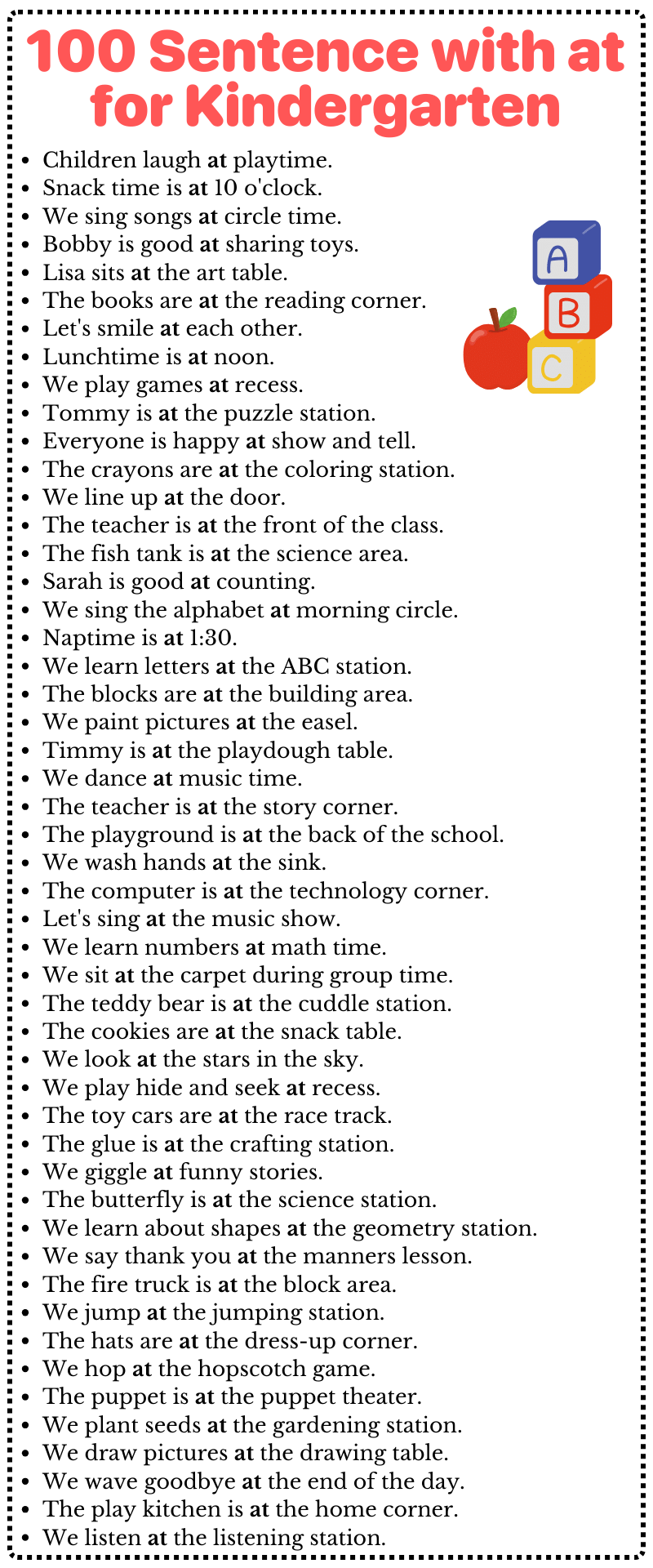 100 Sentence with at for Kindergarten