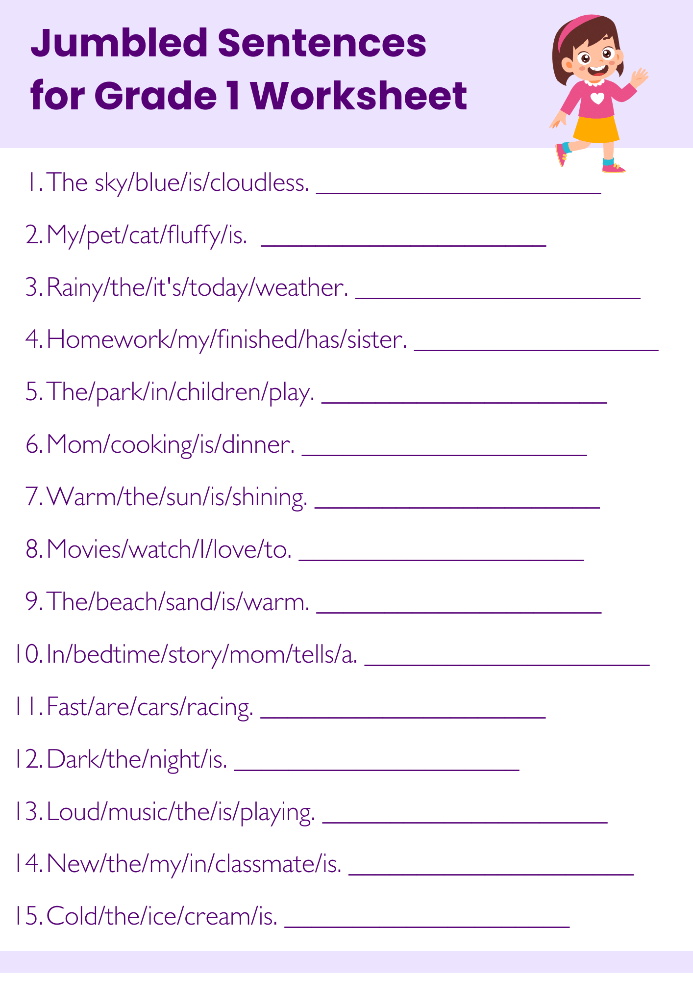 Jumbled Sentences for class 1 Worksheet