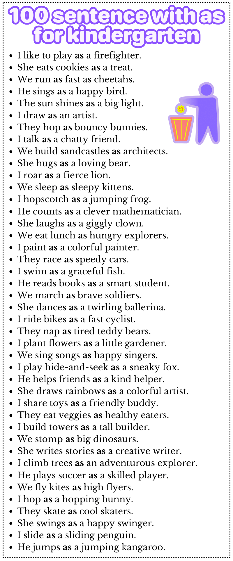 100 sentence with as for kindergarten