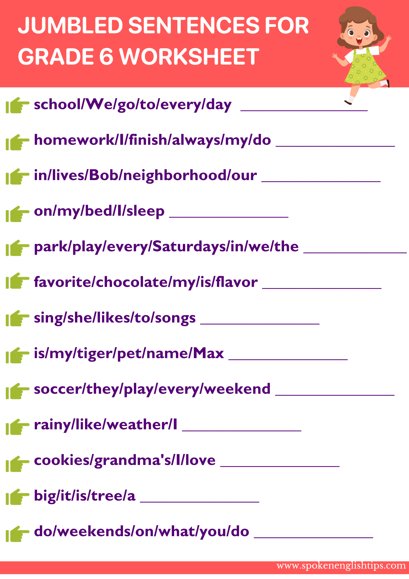 Jumbled Sentences for Grade 6 Worksheet