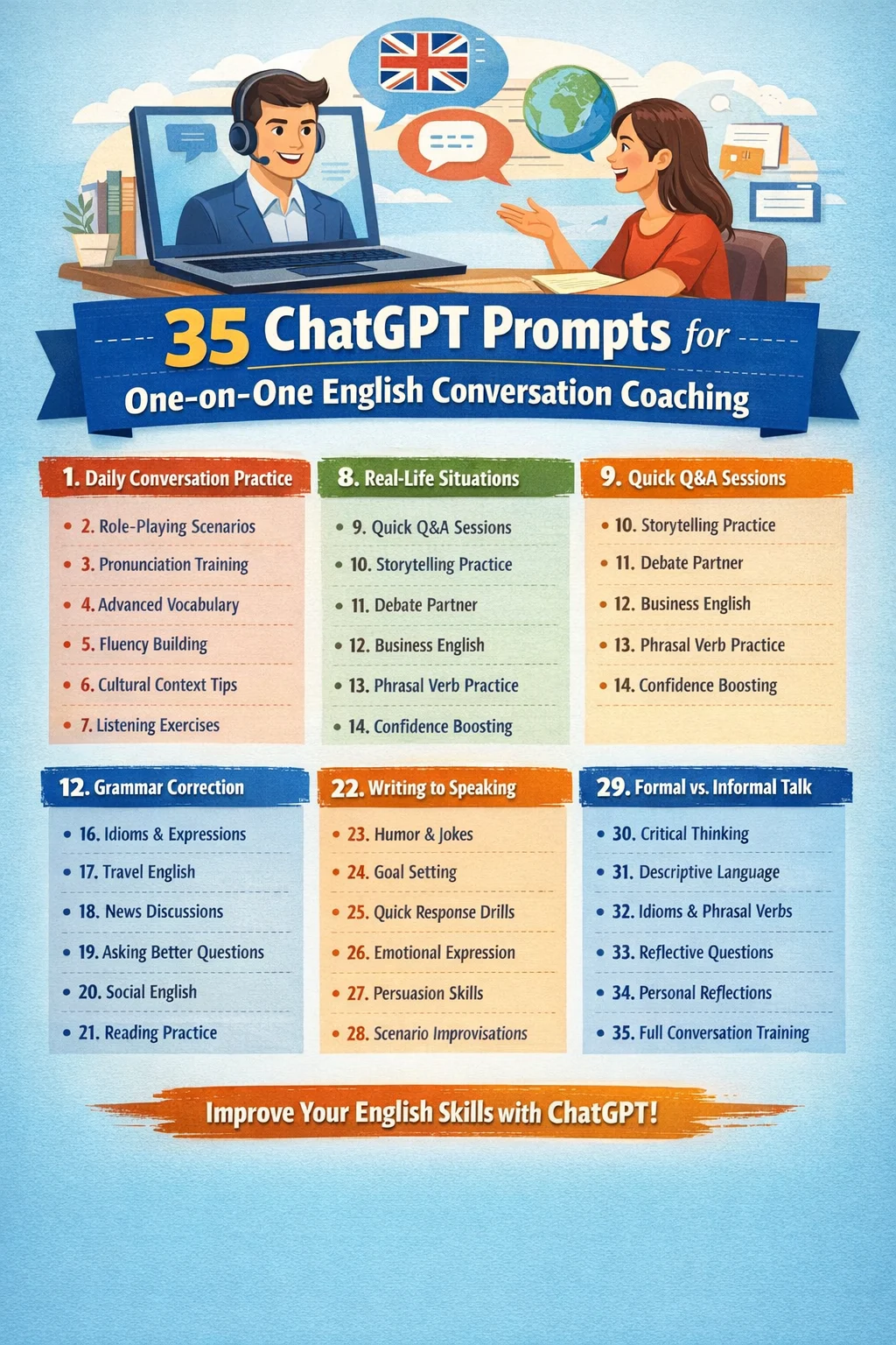 35 ChatGPT Prompts for One-on-One English Conversation Coaching