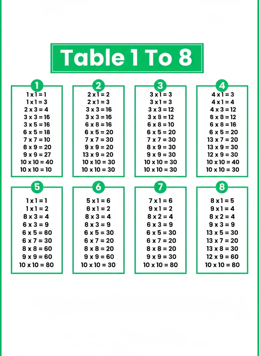 Maths Multiplication Table 1 to 20