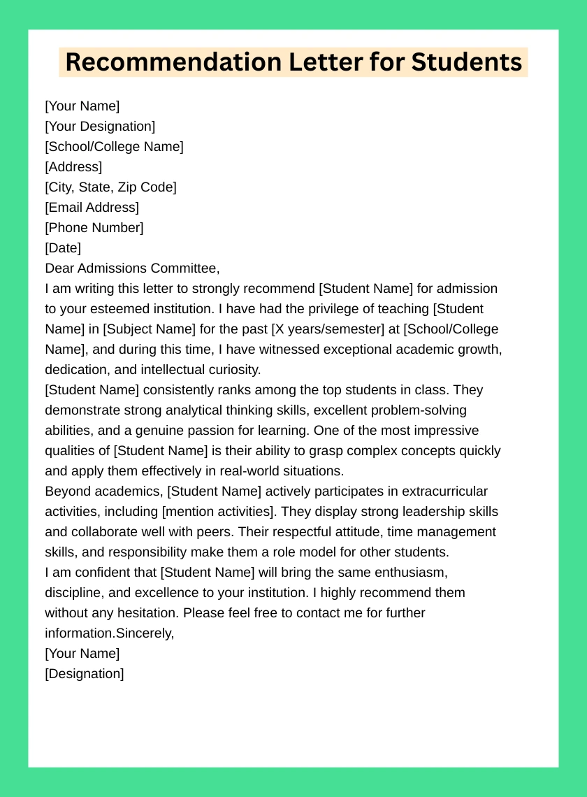 17+ Recommendation Letter Template for Student (Free Word & PDF) 17+ Recommendation Letter Template for Student (Free Word & PDF)