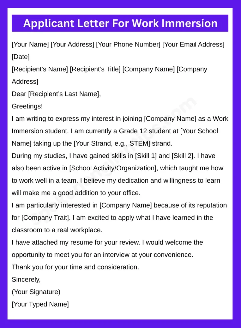 Applicant Letter For Work Immersion