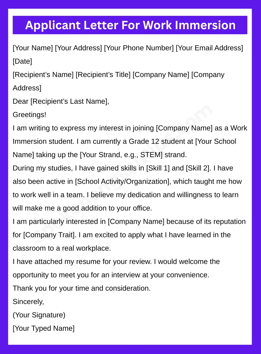 How to Write an Applicant Letter for Work Immersion (With Example) Applicant Letter For Work Immersion