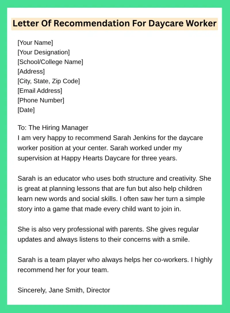 Letter Of Recommendation For Daycare Worker