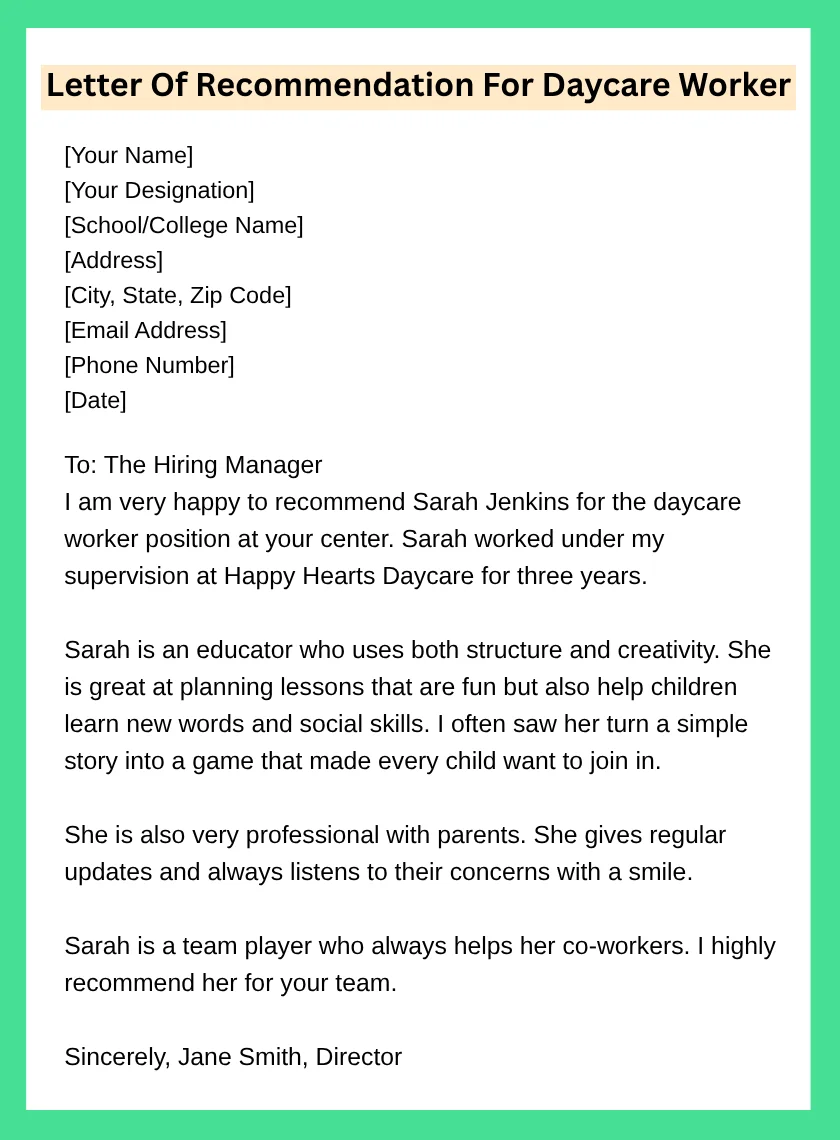 Letter Of Recommendation For Daycare Worker
