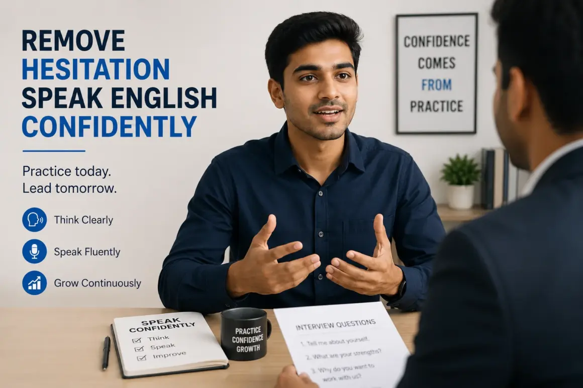 How to Remove Hesitation While Speaking English Step by Step If you're wondering exactly how to remove hesitation while speaking English, follow these practical steps. 1. Start Speaking Before You Feel Ready Many learners wait until their grammar becomes perfect. That day never comes. Start speaking with the English you already know. Instead of saying: "I will start speaking English after improving my vocabulary." Say: "I will improve my vocabulary by speaking English." 2. Speak in Short Sentences First Long sentences increase mental pressure. Start with simple structures: I work in sales. I live in Lucknow. I enjoy reading books. I am learning English every day. Confidence grows faster when you can complete sentences smoothly. 3. Practice Speaking Out Loud Daily Speaking silently in your mind is not enough. Read articles, stories, or conversations aloud for 10-15 minutes every day. This trains your mouth and brain to work together. [INTERNAL LINK: daily spoken English practice routine for beginners] 4. Record Yourself Speaking Most students avoid recording themselves because it feels uncomfortable. However, it is one of the fastest ways to improve. Choose a simple topic: My job My hometown My daily routine My future goals Record for one minute and listen carefully. You will quickly identify: Frequent pauses Pronunciation issues Repeated words 5. Think in English Instead of translating, start creating simple thoughts directly in English. For example: While drinking tea, think: This tea is hot. I need to finish my work. The weather is pleasant today. Small habits create big improvements. Stop Translating in Your Head One major reason behind hesitation is mental translation. Why Translation Creates Delays Imagine someone asks: "What did you do yesterday?" If your brain follows this path: Hindi → English Translation → Grammar Check → Speak You will hesitate. Instead, train yourself to answer directly: "I visited my friend." "I watched a movie." "I completed a project." A Simple Exercise For 5 minutes daily: Look around your room and describe objects in English. Examples: The fan is running. My laptop is on the table. I need to clean this shelf. This helps your brain create English thoughts naturally. [INTERNAL LINK: how to think in English without translating] Build Speaking Confidence With Daily Practice Confidence does not come before speaking. Confidence comes from speaking repeatedly. Student Story #1 One of my students, a software engineer from Pune, understood English very well but hesitated badly during meetings. Whenever someone asked a question, he would spend several seconds forming the perfect answer. I encouraged him to focus on communicating rather than being perfect. Within six weeks of daily speaking practice, his hesitation reduced dramatically and he became much more active in discussions. Student Story #2 I remember teaching a customer support executive who constantly said "umm..." and "actually..." before every sentence. We practiced one-minute speaking exercises every day for a month. By replacing filler words with brief pauses and improving speaking confidence, she started speaking much more naturally during client calls. In my experience teaching hundreds of Indian learners, hesitation decreases fastest when students practice speaking consistently rather than studying grammar for hours. Common Mistakes That Increase Hesitation Many learners unknowingly make these mistakes. Mistake Result Translating every sentence Slow speech Trying to sound perfect Increased anxiety Memorizing without speaking Low confidence Fear of mistakes Longer pauses Comparing yourself to fluent speakers Reduced motivation Avoiding conversations No real improvement Avoiding these habits can significantly improve your fluency. Useful English Phrases When You Get Stuck Even fluent speakers sometimes need a moment to think. Instead of becoming silent, use these phrases. When You Need Time to Think That's an interesting question. Let me think for a moment. As far as I know... From my experience... When You Don't Understand Instead of saying: "What?" Say: Could you please repeat that? Sorry, I didn't catch that. Could you say that again? When You Forget a Word Try: I'm not sure of the exact word, but... What I mean is... Let me explain differently. These phrases help maintain the flow of conversation. [INTERNAL LINK: useful English phrases for daily conversation] 15 Practical Tips to Remove Hesitation Quickly Here are some practical strategies you can start today: Speak English for at least 15 minutes daily. Stop waiting for perfect grammar. Think in English during routine activities. Record your voice regularly. Read aloud every day. Learn useful speaking phrases. Join English conversation groups. Talk to yourself in English. Practice answering common interview questions. Focus on communication, not perfection. Improve pronunciation gradually. Watch English content actively. Shadow native speakers. Celebrate small improvements. Speak even when you feel nervous. The goal is progress, not perfection. A Simple 15-Minute Daily Routine to Reduce Hesitation If you're busy, follow this routine. Minutes 1-5: Read Aloud Choose any English article or story. Focus on: Clear pronunciation Natural pace Confidence Minutes 6-10: Speak on a Topic Choose one topic: My family My career My favorite movie My goals Speak continuously. Do not stop for mistakes. Minutes 11-15: Think and Describe Describe: Your room Your surroundings Your plans Only in English. Do this consistently for 30 days and you will notice a visible reduction in hesitation. [INTERNAL LINK: best daily English speaking exercises at home] What to Do During Interviews or Meetings Many learners hesitate most during professional situations. Try these strategies: Slow Down Slightly Speaking slowly is better than speaking nervously. A calm pace sounds more confident. Focus on the Message Your goal is communication, not perfection. Interviewers care more about clarity than flawless grammar. Use Familiar Vocabulary Don't force difficult words. Simple English spoken confidently creates a stronger impression. Example: Instead of: "I possess exceptional interpersonal communication capabilities." Say: "I communicate well with people and enjoy teamwork." The second version sounds more natural and confident. How Long Does It Take to Remove Hesitation? The answer depends on your current level and practice consistency. Most learners notice improvement within: 2-4 weeks of daily practice 2-3 months of regular speaking 6 months of consistent conversation practice In over 8 years of teaching spoken English, I've noticed that students who speak daily improve much faster than students who only study grammar and vocabulary. Consistency beats intensity every time. Conclusion Learning how to remove hesitation while speaking English is not about becoming perfect overnight. It is about speaking regularly, making peace with mistakes, and training yourself to think and respond in English naturally. Start with just 15 minutes of daily speaking practice. Over time, your confidence will grow, your pauses will reduce, and speaking English will begin to feel much more natural. If you try any of the techniques from this article, share your experience in the comments and let us know what helped you most. Frequently Asked Questions Can hesitation while speaking English be completely removed? Yes, hesitation can be reduced significantly through regular speaking practice, confidence-building exercises, and thinking in English instead of translating. Even fluent speakers pause occasionally, but frequent hesitation can be overcome with consistency. Why do I hesitate even when I know English? This usually happens because of fear of mistakes, overthinking grammar, lack of speaking practice, or translating from your native language before speaking. How can I remove hesitation while speaking English at home? Practice reading aloud, record yourself speaking, talk to yourself in English, and describe daily activities in English. Just 15 minutes a day can make a noticeable difference. Does grammar cause hesitation? Sometimes, but not always. More often, hesitation comes from fear of making grammar mistakes rather than actual grammar weakness. How long does it take to speak English confidently? Many learners notice improvement within a few weeks of daily practice. Significant confidence usually develops over a few months of regular speaking. Is it okay to make mistakes while speaking English? Absolutely. Mistakes are a natural part of learning. Every fluent speaker made countless mistakes before becoming confident. FAQ Schema-ready Q&A Pairs Question: Can hesitation while speaking English be completely removed? Answer: Yes, hesitation can be reduced significantly through regular speaking practice, confidence-building exercises, and thinking in English instead of translating. Consistent practice helps develop fluency and confidence over time. Question: Why do I hesitate even when I know English? Answer: Most learners hesitate because of fear of making mistakes, overthinking grammar, lack of speaking practice, or translating from their native language before speaking. Question: How can I remove hesitation while speaking English at home? Answer: Practice reading aloud, record your voice, talk to yourself in English, and describe your surroundings in English daily. These exercises help build fluency and confidence. Question: Does grammar cause hesitation while speaking English? Answer: Grammar can contribute to hesitation, but fear of making grammar mistakes is often a bigger issue. Focusing on communication rather than perfection helps reduce hesitation. Question: How long does it take to speak English confidently? Answer: Many learners see improvement within 2-4 weeks of consistent practice. Strong confidence and fluency typically develop over several months of regular speaking. Question: Is it okay to make mistakes while speaking English? Answer: Yes. Making mistakes is a normal part of language learning. Every fluent speaker makes mistakes while learning, and speaking regularly is more important than speaking perfectly.