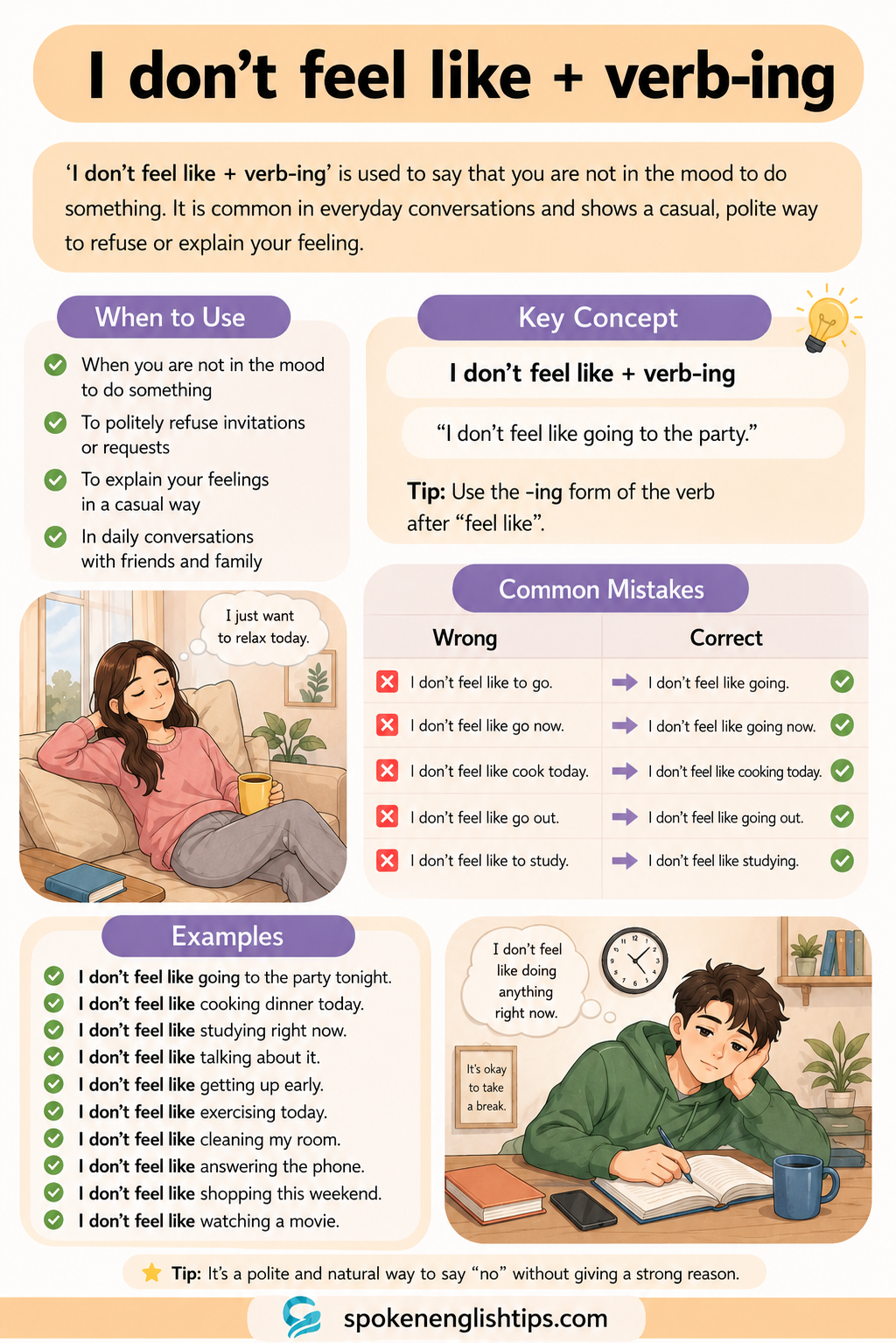 Use of "I Don’t Feel Like + Verb-ing" in Daily English Speaking