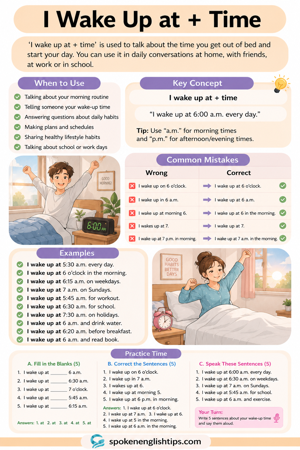 Use of "I Wake Up at + Time" in English Speaking with Daily Routine Examples