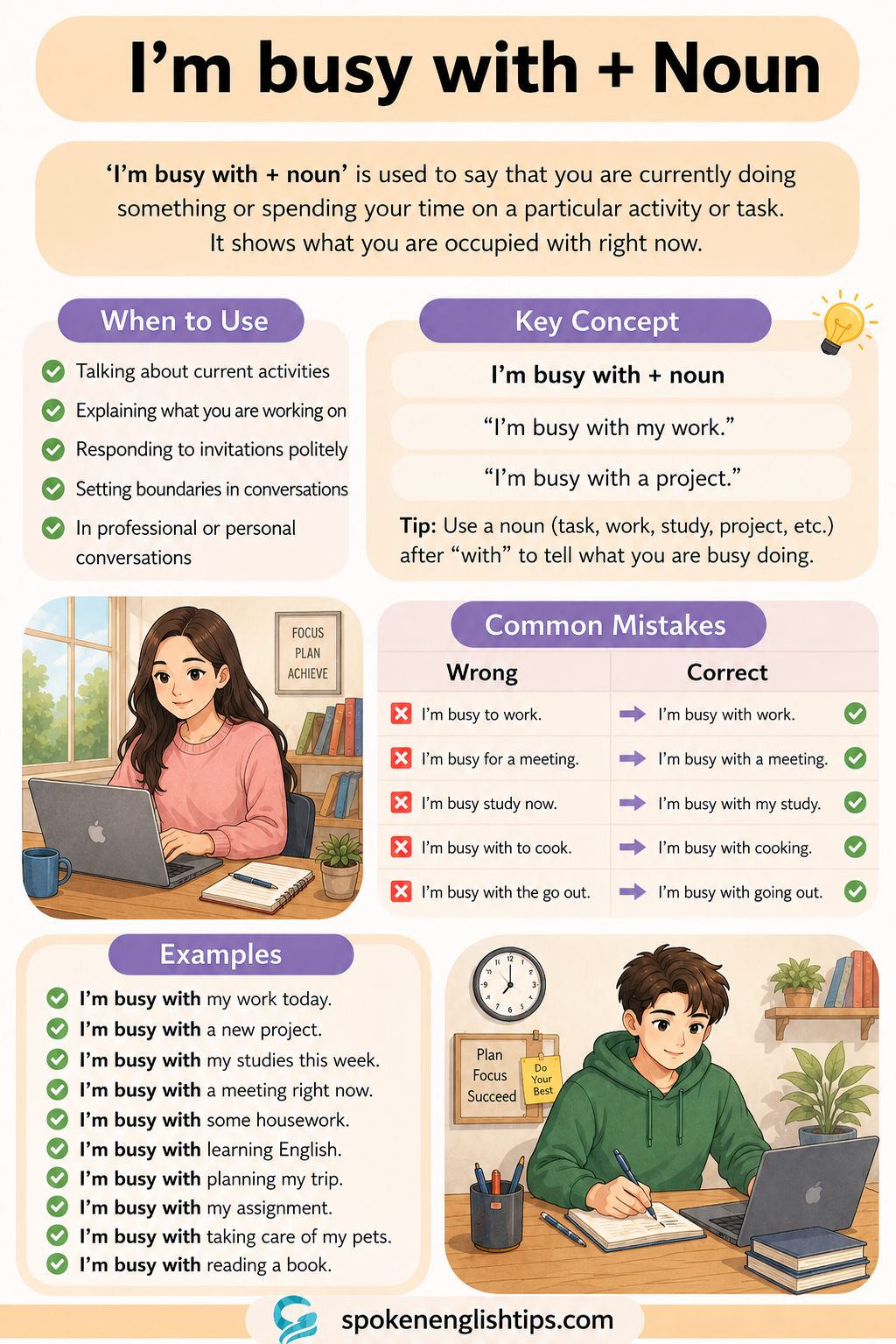 Use of “I’m Busy With + Noun” in English Speaking with Easy Daily Examples
