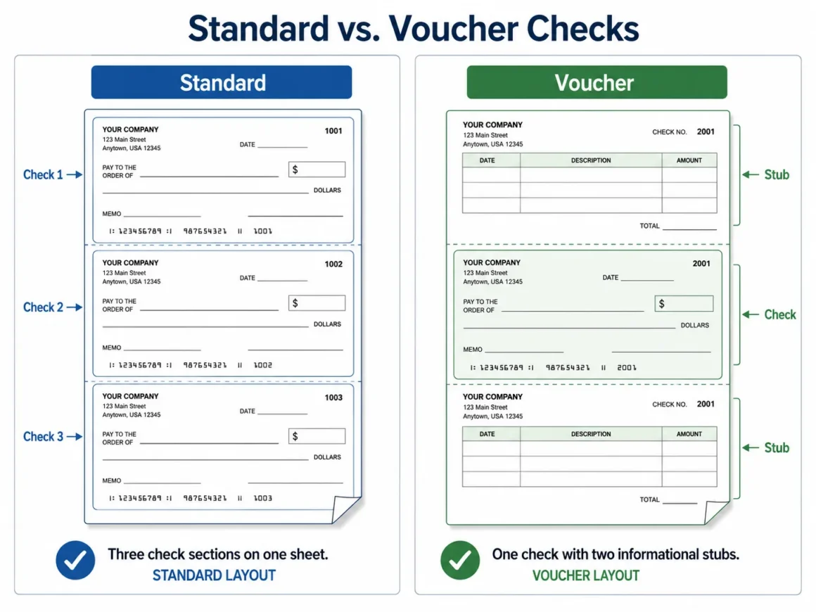 How to Write a Check in QuickBooks Online Standard QuickBooks checks with three per page compared with voucher checks and stubs