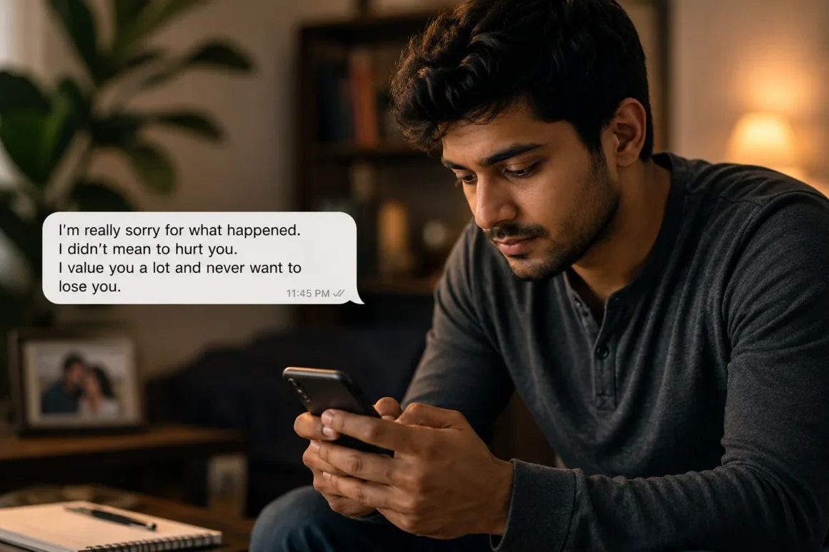 Man writing a sincere apology message to his girlfriend after hurting her feelings