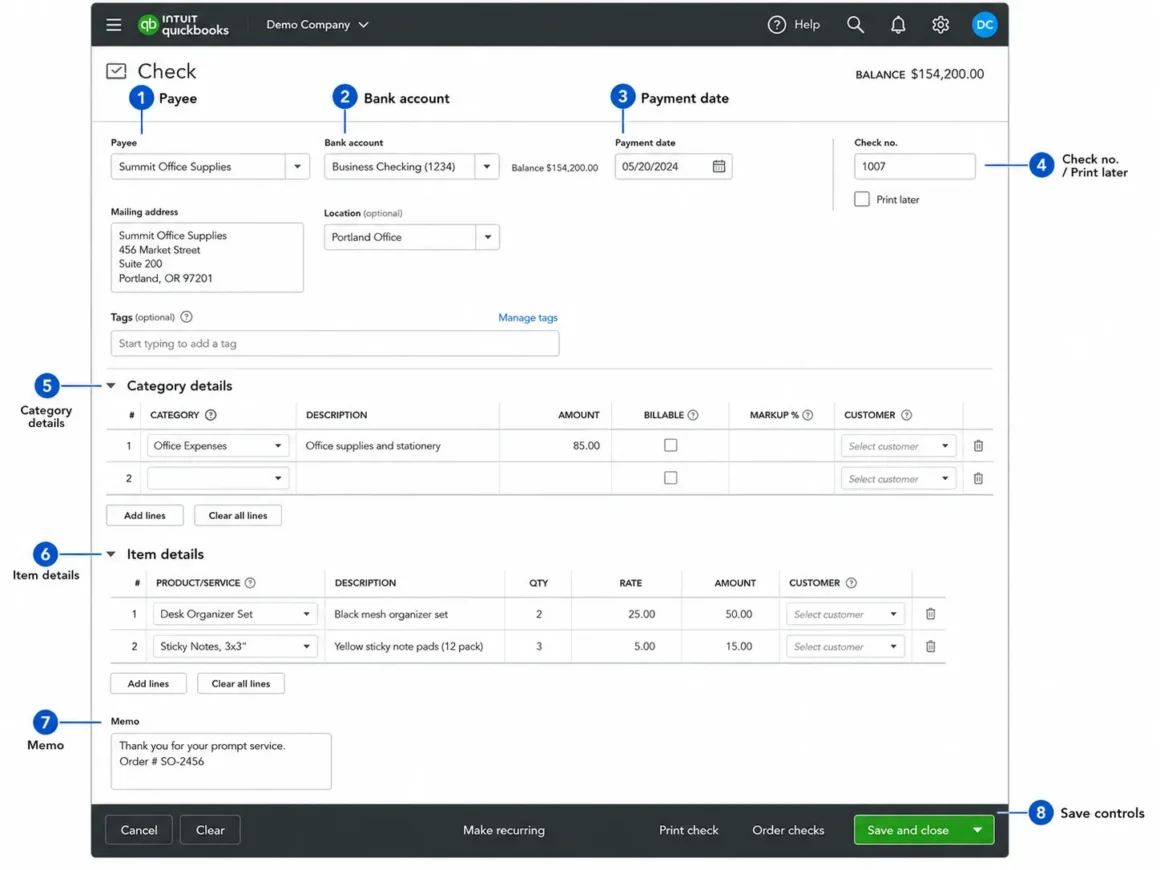 How to Write a Check in QuickBooks Online QuickBooks Online Check form showing payee, bank account, check number and category fields