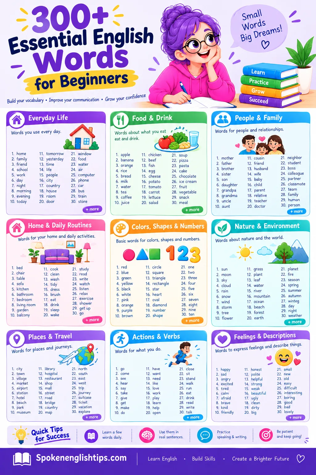 300+ Essential English Words for Beginners infographic