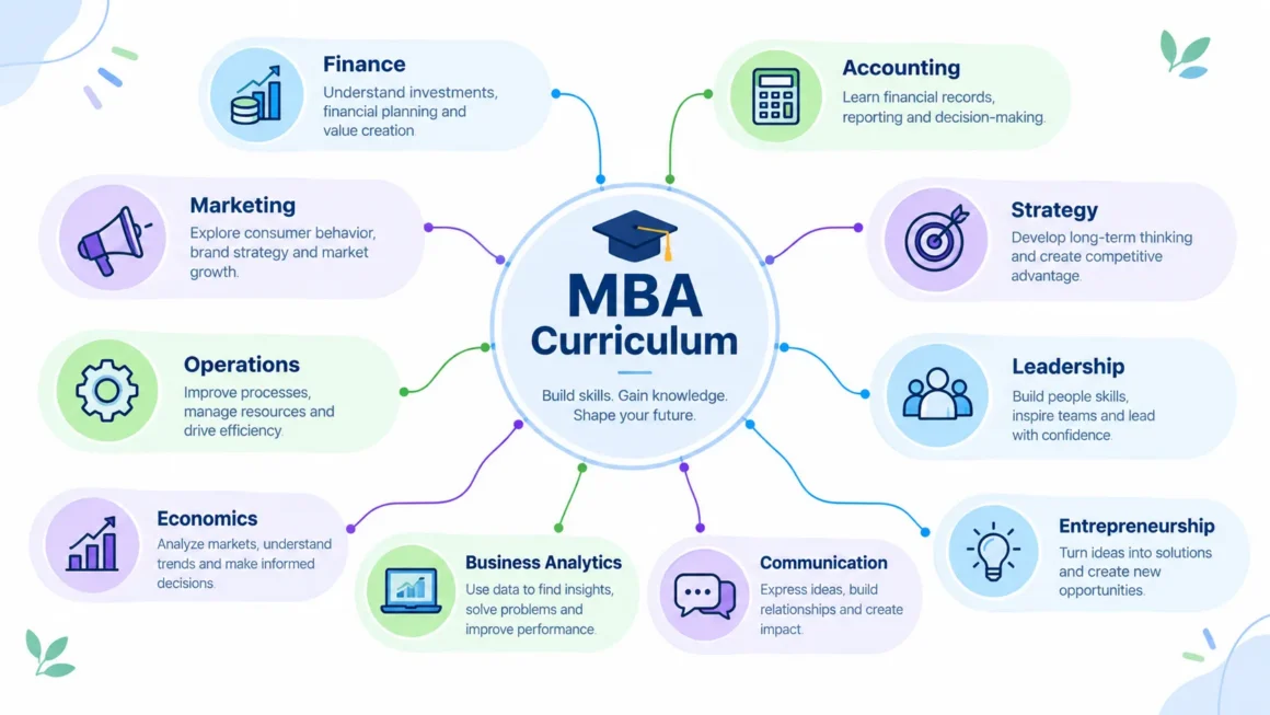 MBA curriculum showing finance, marketing, strategy, operations, leadership and analytics