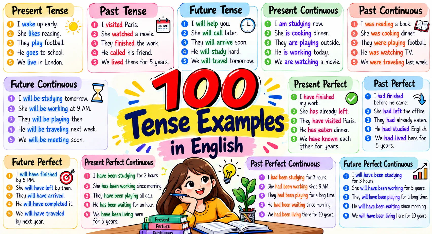 100 Tense Examples in English