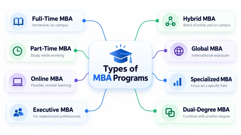 Different types of MBA programs including full-time, part-time, online and executive MBA